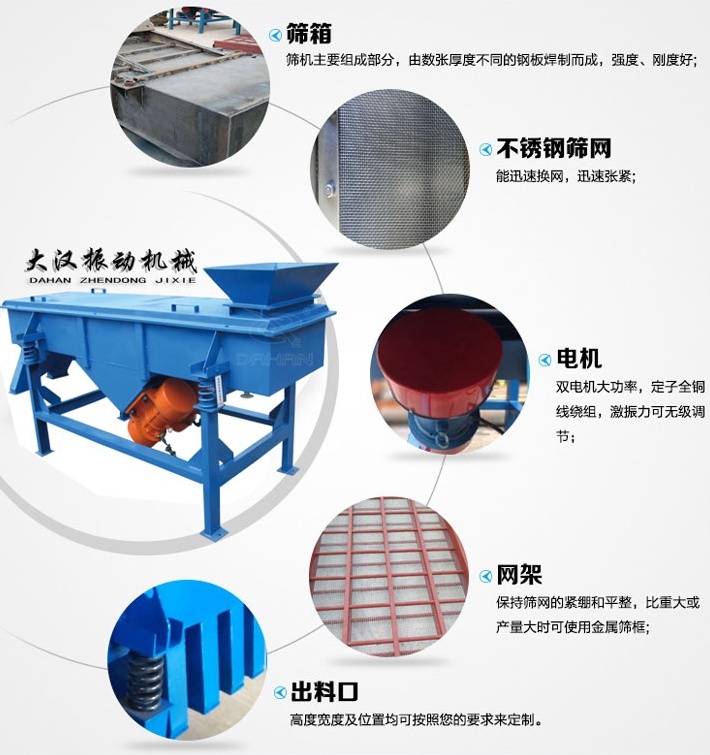 525型直線振動篩結構細節：篩箱：篩機主要組成部分，由數張厚度不同的鋼板焊制而成，強度，剛度好。不銹鋼篩網：能速換網，迅速張緊。電機：雙電機大功率，定子全銅線繞組，激振力可無級調節。網架：保持篩網的緊繃和平整，比重大或產量大時可使用金屬篩框。出料口：高度寬度及位置均可按照您的要求定制。